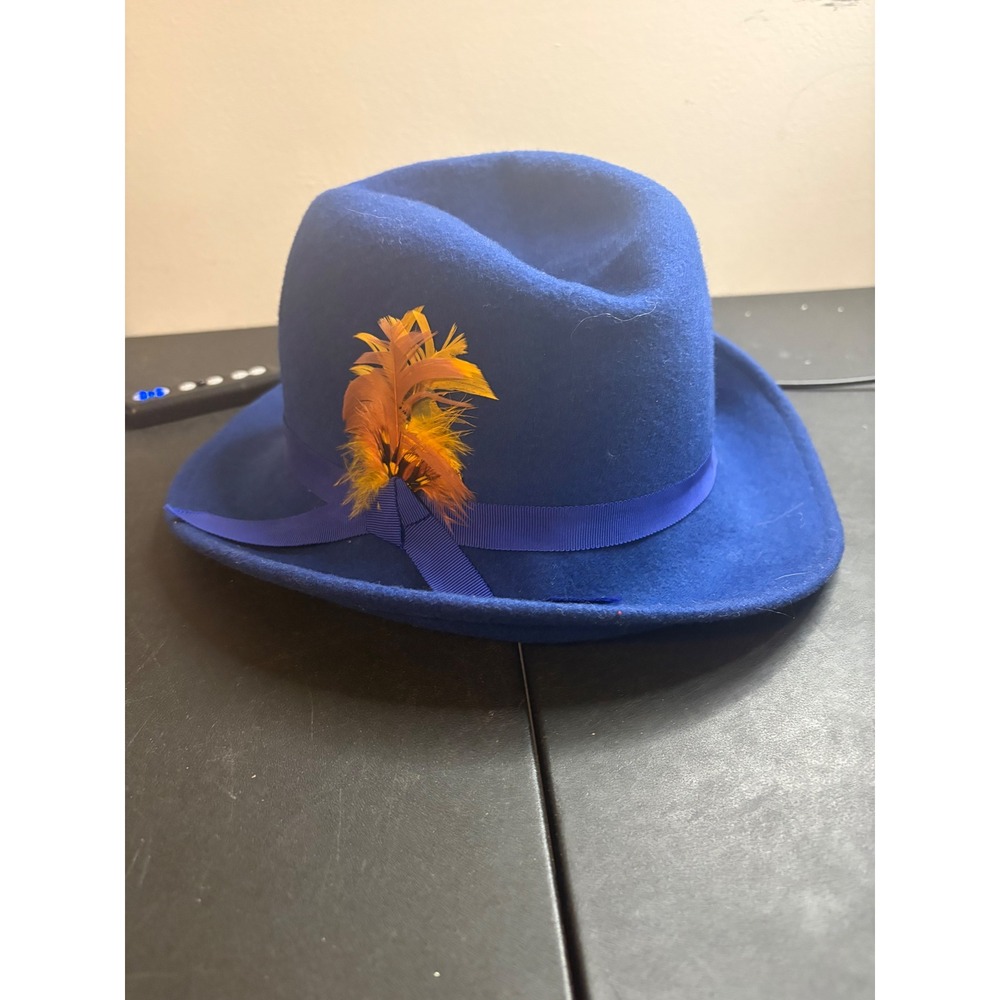 Vintage Lancaster Royal Blue 100% Wool Fedora Hat with Feather Made in USA